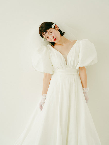 パフスリーブ Vネック タフタ ドレス(W333)