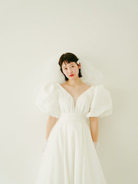 パフスリーブ Vネック タフタ ドレス(W333)