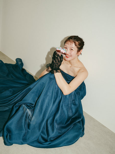 オーガンジーサテン バックトレーンドレス ネイビー(W329)