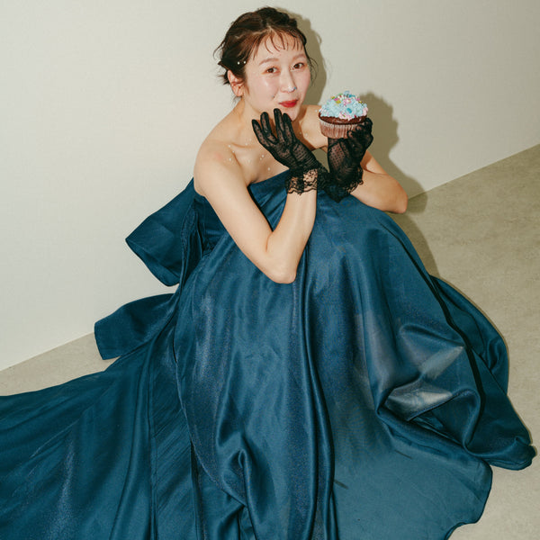 オーガンジーサテン バックトレーンドレス ネイビー(W329)