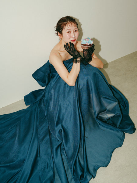 オーガンジーサテン バックトレーンドレス ネイビー(W329)