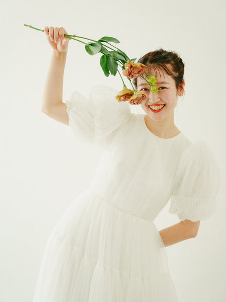 クルーネック パフスリーブ チュールドレス(W332)