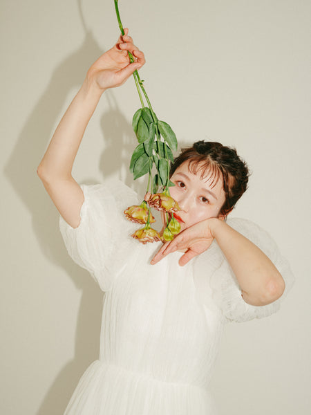 クルーネック パフスリーブ チュールドレス(W332)