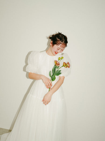 クルーネック パフスリーブ チュールドレス(W332)