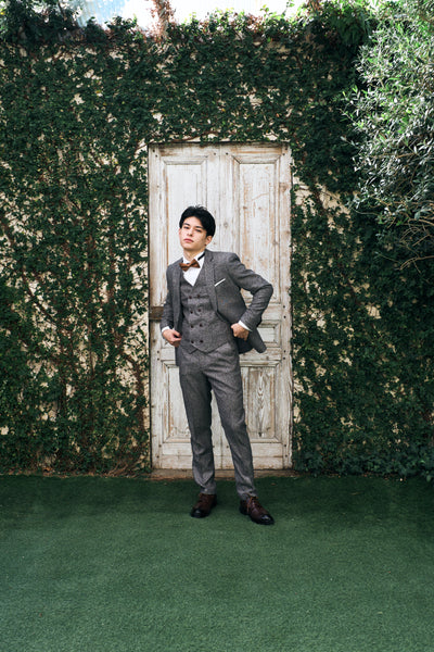 ツイード スリーピース メンズスーツ タキシード グレー(M09)