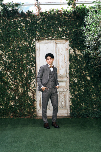 ツイード スリーピース メンズスーツ タキシード グレー(M09)