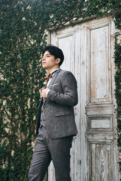 ツイード スリーピース メンズスーツ タキシード グレー(M09)