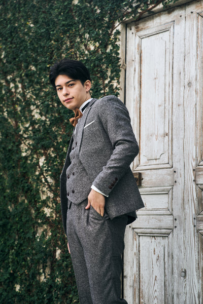 ツイード スリーピース メンズスーツ タキシード グレー(M09)