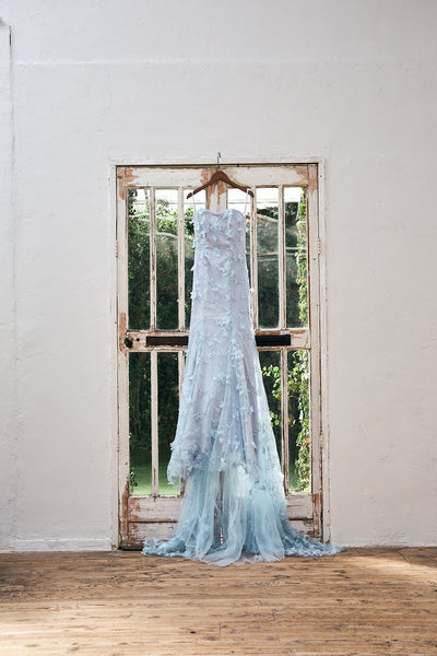 フラワーレース ペールブルー ソフトマーメイドドレス(W334)