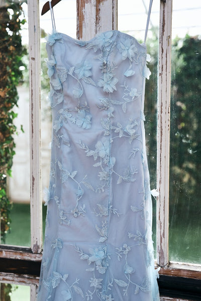 フラワーレース ペールブルー ソフトマーメイドドレス(W334)