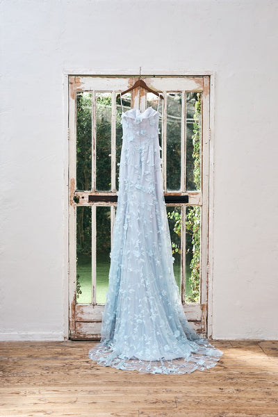 フラワーレース ペールブルー ソフトマーメイドドレス(W334)