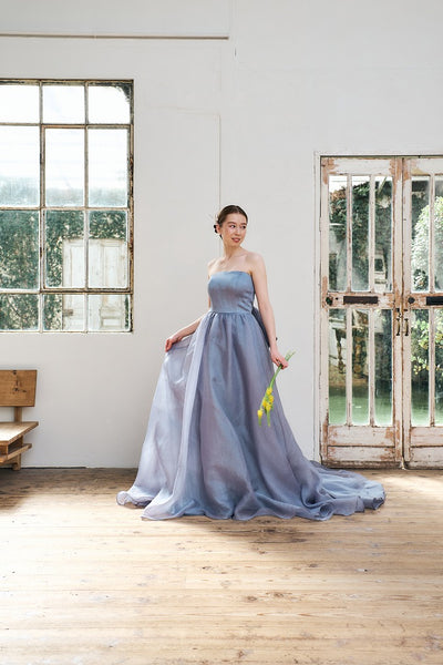 オーガンジー バックトレーンドレス ブルーグレー(W330)