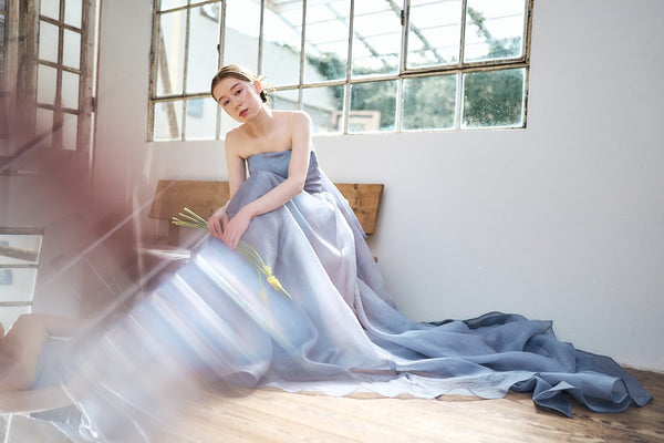 オーガンジー バックトレーンドレス ブルーグレー(W330)