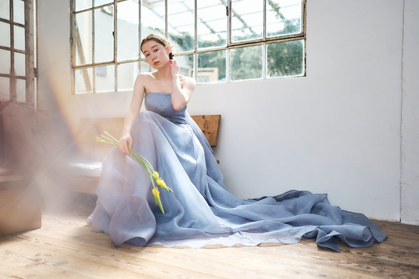 オーガンジー バックトレーンドレス ブルーグレー(W330)