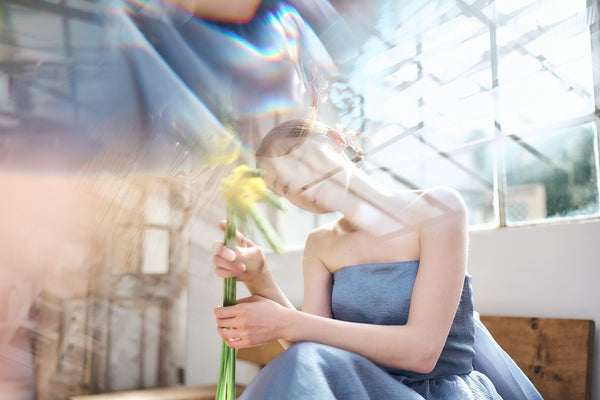 オーガンジー バックトレーンドレス ブルーグレー(W330)