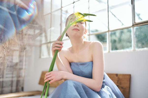 オーガンジー バックトレーンドレス ブルーグレー(W330)