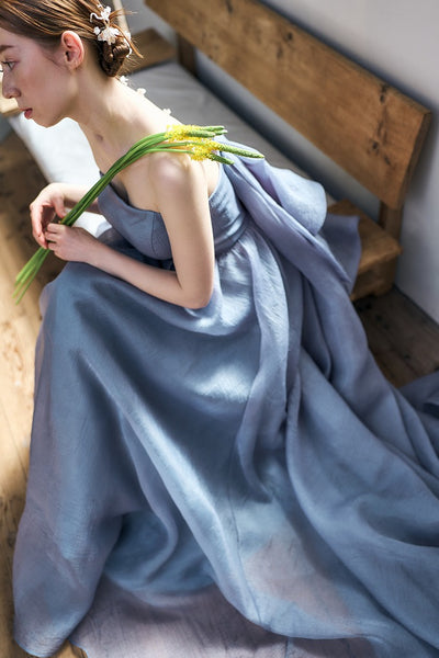 オーガンジー バックトレーンドレス ブルーグレー(W330)