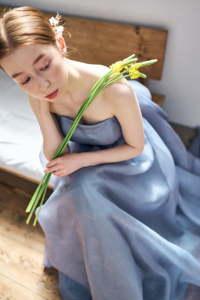 オーガンジー バックトレーンドレス ブルーグレー(W330)