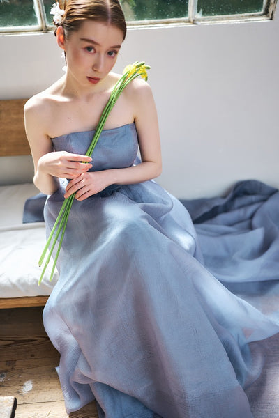 オーガンジー バックトレーンドレス ブルーグレー(W330)