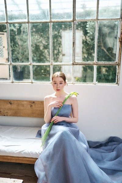 オーガンジー バックトレーンドレス ブルーグレー(W330)