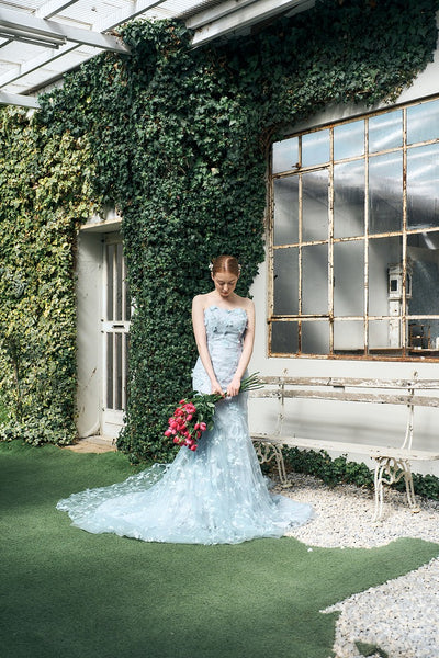 フラワーレース ペールブルー ソフトマーメイドドレス(W334)