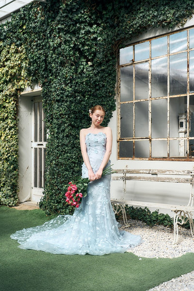 フラワーレース ペールブルー ソフトマーメイドドレス(W334)