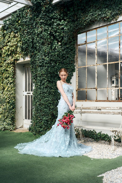 フラワーレース ペールブルー ソフトマーメイドドレス(W334)