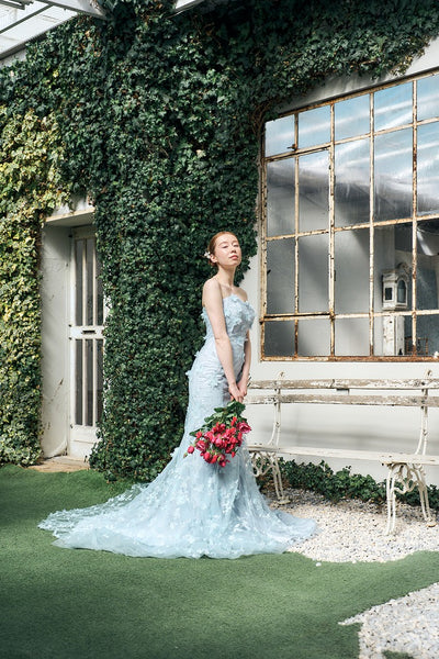 フラワーレース ペールブルー ソフトマーメイドドレス(W334)