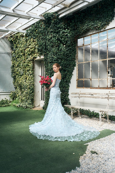 フラワーレース ペールブルー ソフトマーメイドドレス(W334)