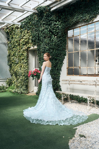 フラワーレース ペールブルー ソフトマーメイドドレス(W334)