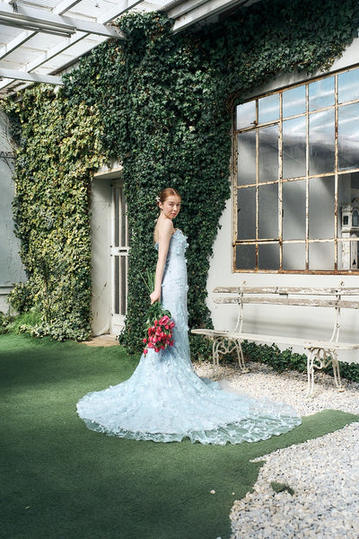 フラワーレース ペールブルー ソフトマーメイドドレス(W334)