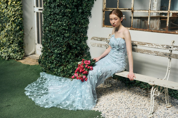 フラワーレース ペールブルー ソフトマーメイドドレス(W334)