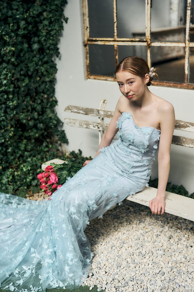 フラワーレース ペールブルー ソフトマーメイドドレス(W334)