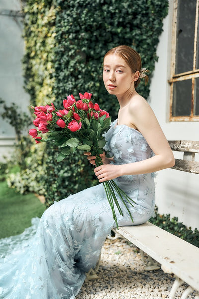 フラワーレース ペールブルー ソフトマーメイドドレス(W334)