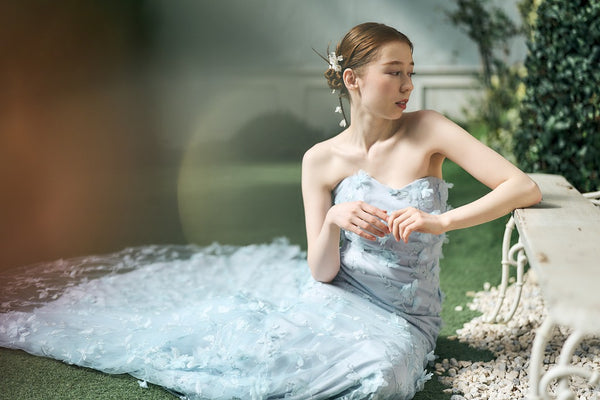 フラワーレース ペールブルー ソフトマーメイドドレス(W334)