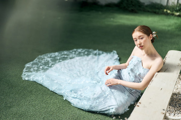 フラワーレース ペールブルー ソフトマーメイドドレス(W334)