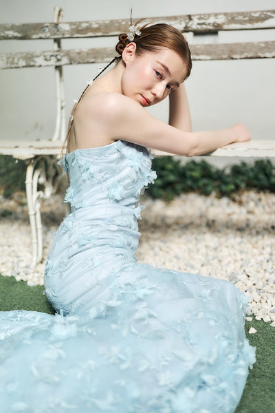 フラワーレース ペールブルー ソフトマーメイドドレス(W334)