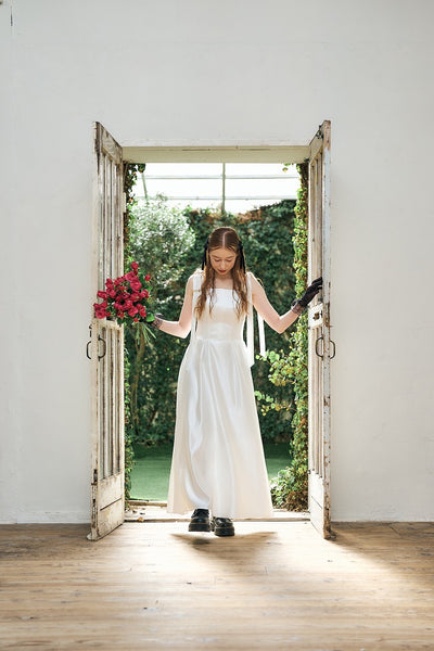 リボンショルダー サテンドレス(W327)