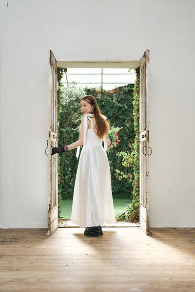 リボンショルダー サテンドレス(W327)