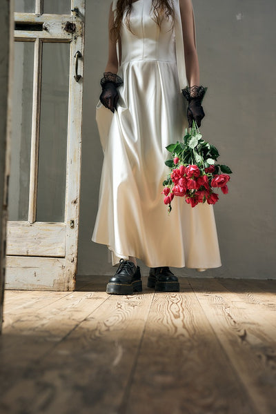 リボンショルダー サテンドレス(W327)