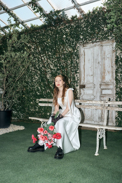 リボンショルダー サテンドレス(W327)