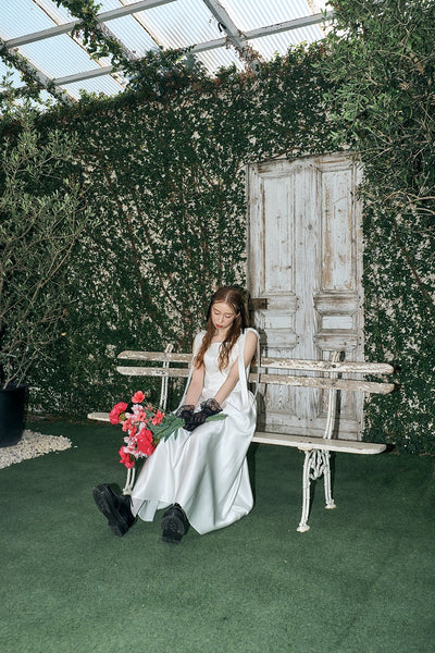 リボンショルダー サテンドレス(W327)