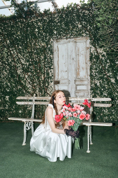 リボンショルダー サテンドレス(W327)