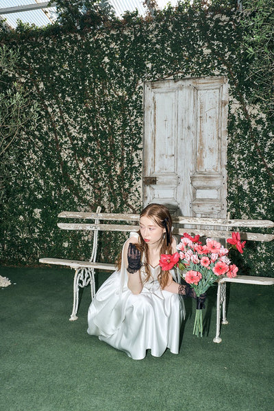 リボンショルダー サテンドレス(W327)