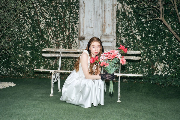 リボンショルダー サテンドレス(W327)