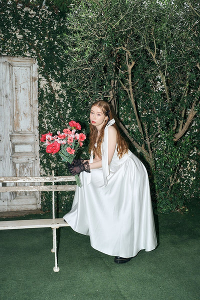 リボンショルダー サテンドレス(W327)