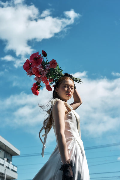 リボンショルダー サテンドレス(W327)