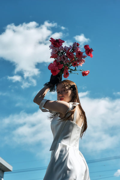 リボンショルダー サテンドレス(W327)