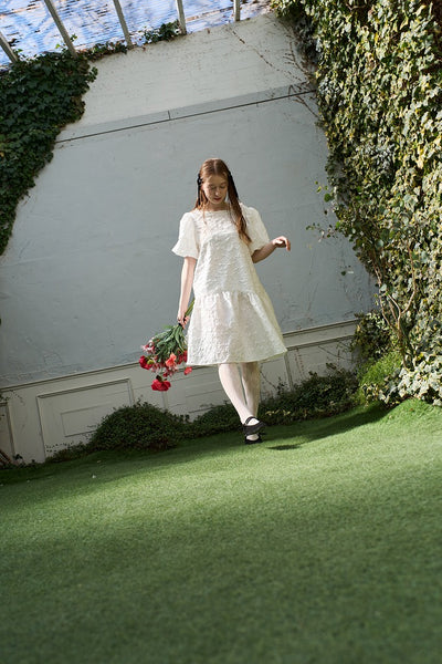 ジャガード パフスリーブ ミニドレス(W339)