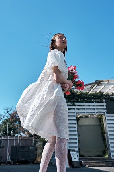 ジャガード パフスリーブ ミニドレス(W339)